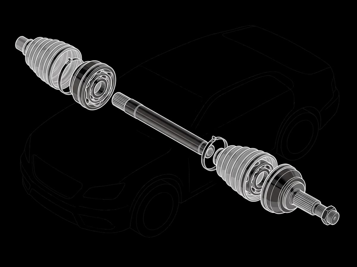 A CV Axle assembly: the Axle shaft with a CV joint and CV boot at each end.