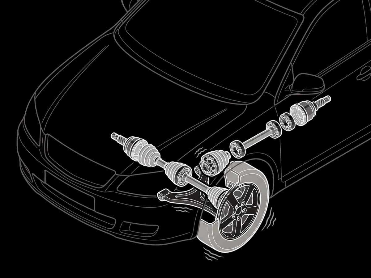 A front wheel turned to the side, with the CV Axle behind it and vibration lines at the wheel.