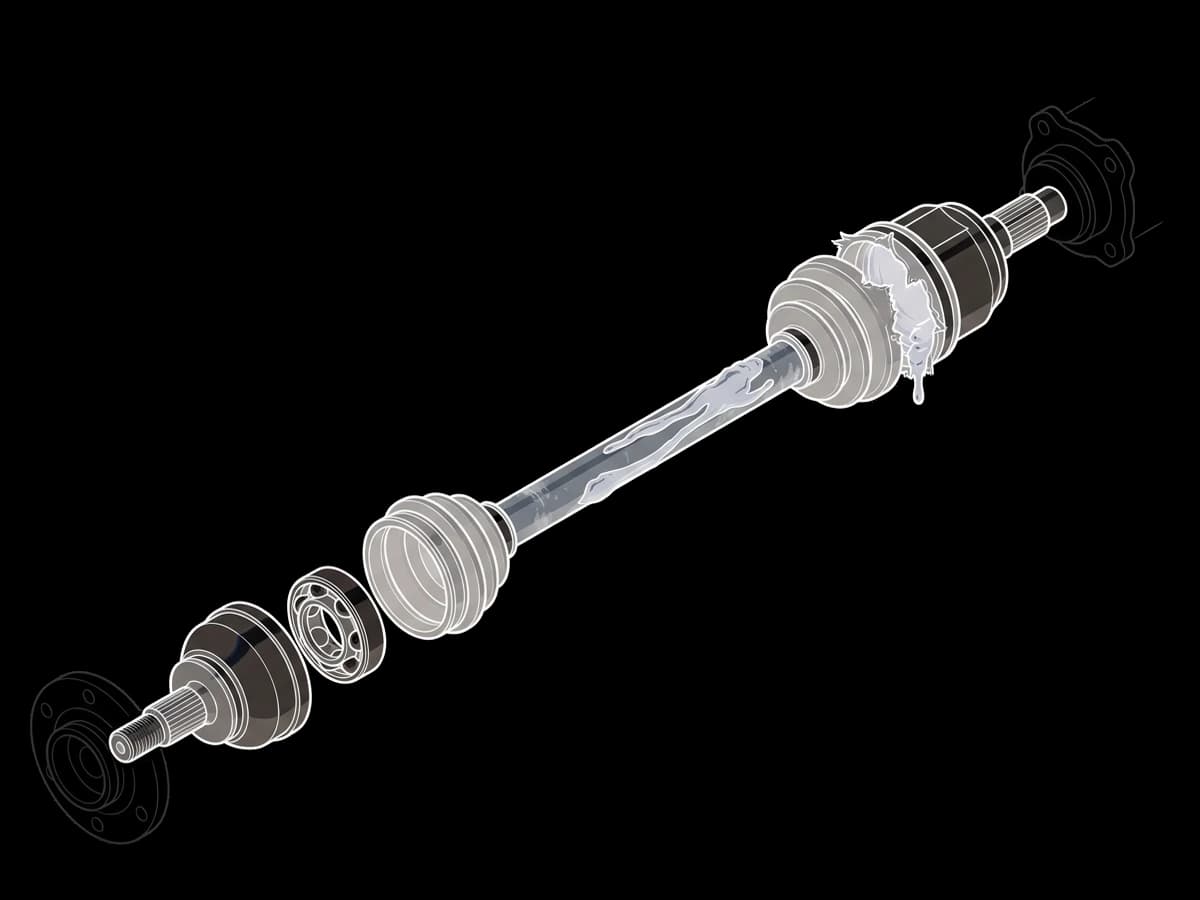 A worn CV Axle assembly removed from the vehicle, with a torn boot.