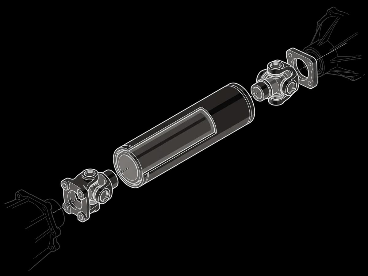 A driveshaft with a U-joint and yoke at each end.