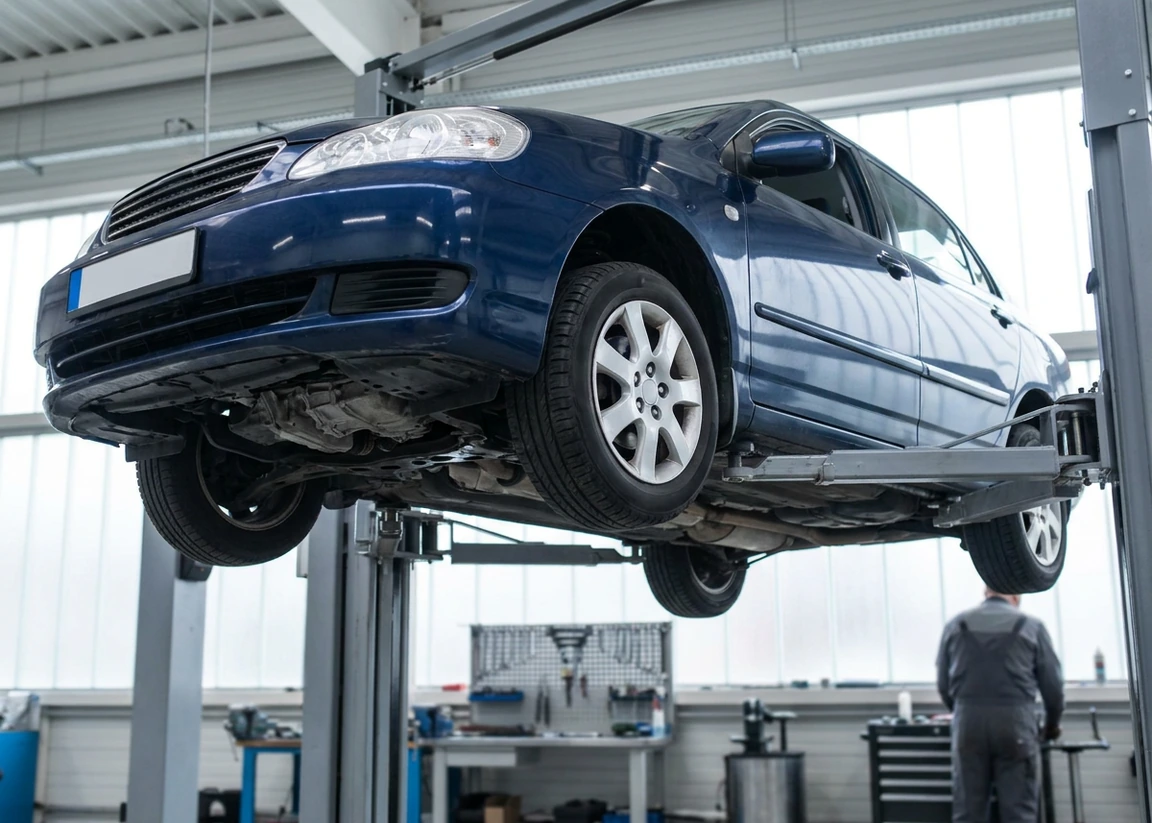 A vehicle raised on a lift in a repair bay, with the drivetrain visible underneath.