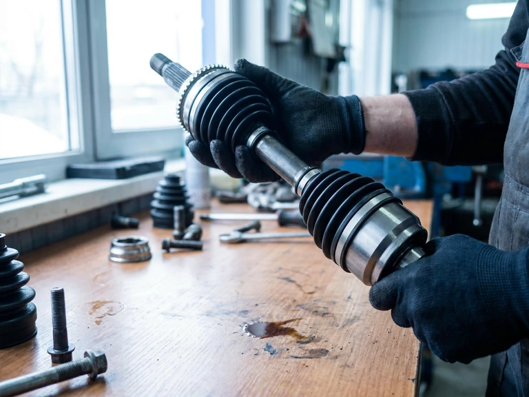 A CV Axle assembly with both CV boots, held in gloved hands over a workbench.