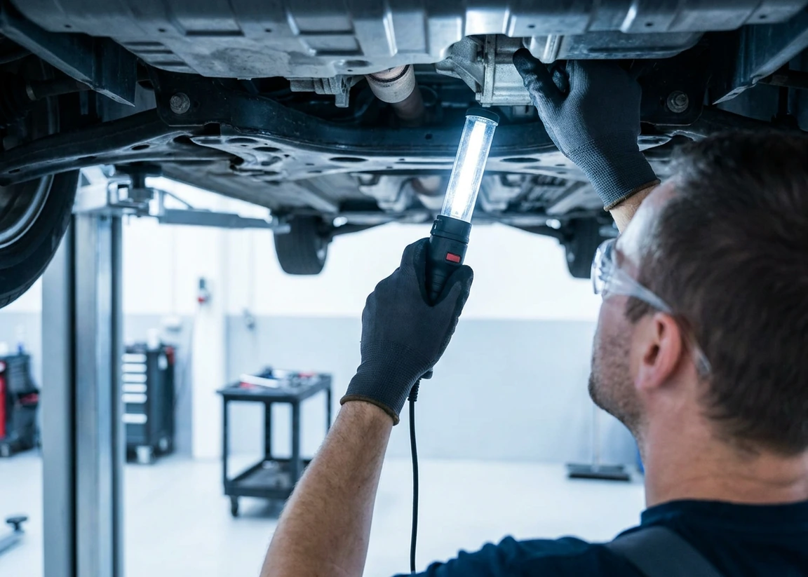 A technician inspecting the underside of a vehicle with a work light.