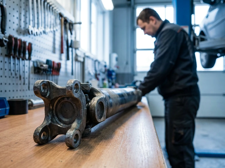 A driveshaft with its U-joint and yoke on a workbench.
